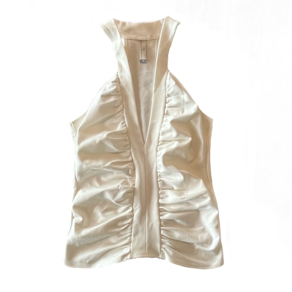 Adriana Fernandez Ruched White Tank Blouse, Plunge Neckline, Sz S
